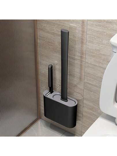 1pc Durable Black Silicone Toilet Cleaning Brush With Wall Mount Storage Holder, Flat Head Design, Suitable For Bathroom And Kitchen Cleaning, Easy To Hang Organizer, Bathroom Cleaning Tool, Modern Bathroom Accessory, Sturdy Silicone Brush, Toilet Brush And Holder