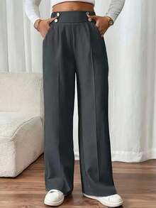 Plus Size Casual Long Wide Leg Pants Woven Fabric Pocket Button Details - Dark Grey - View 1