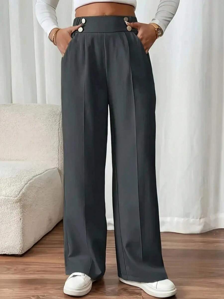 Plus Size Casual Long Wide Leg Pants Woven Fabric Pocket Button Details - Dark Grey - View 1