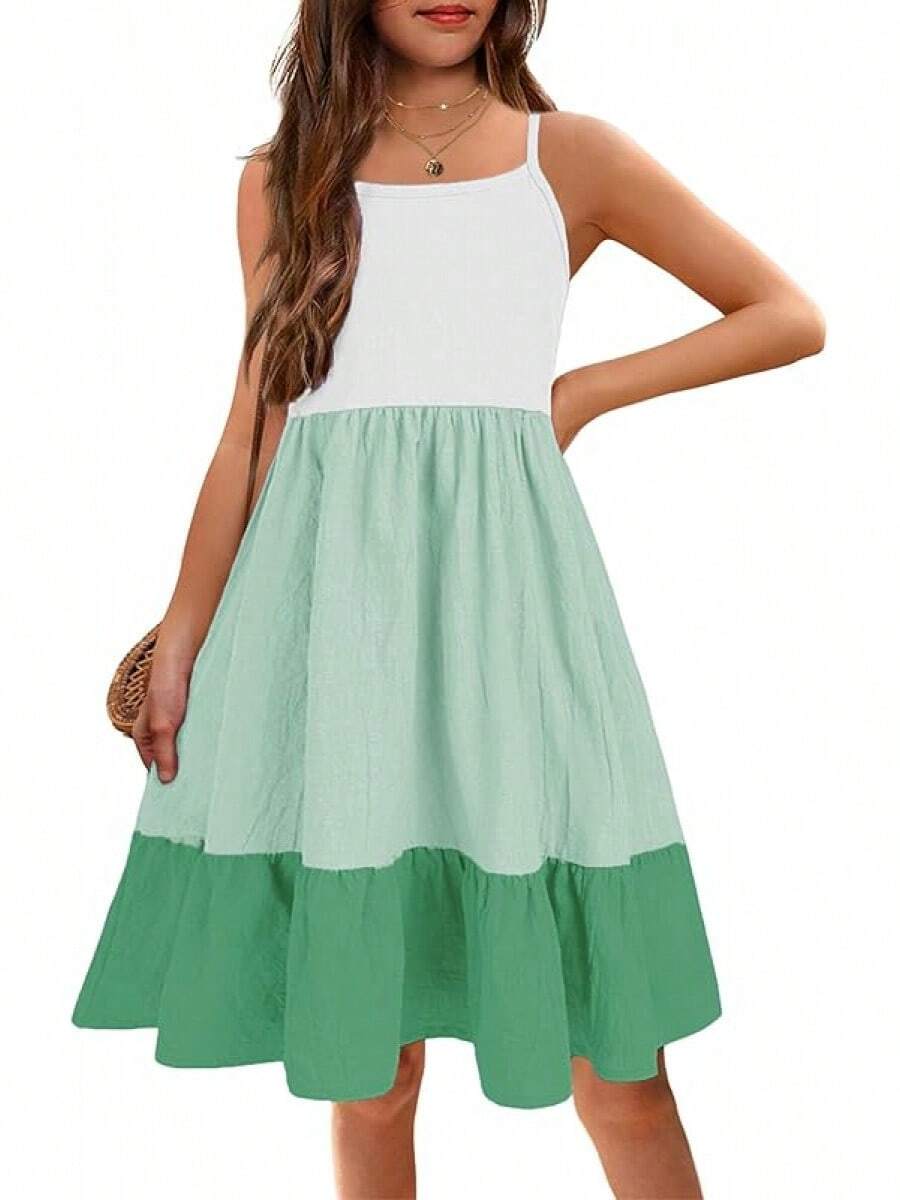 Girl's Summer Sundress Spaghetti Strap Solid Linen Midi Dress Casual Cami Dresses
