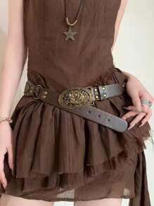 1 pieza Cinturón casual de mujer con estilo retro punk rock Y2K, con remaches, parches y hebilla de metal, para verano, escuela, otoño, Halloween