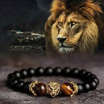 1 Pieza Pulsera con cabeza de león de cristal natural - Pulsera de lujo con cuentas de ojo de tigre para hombres, joyería de declaración masculina para uso diario y regalo de accesorios para hombres