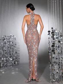 Nuevo vestido de gala de lujo para mujer con aplicaciones de lentejuelas y diamantes, de malla transparente, de corte largo, cuello alto, sin mangas, ajustado, con espalda descubierta y cola, ideal para dama de honor en bodas, fiestas y banquetes - Plateado - Ver 7