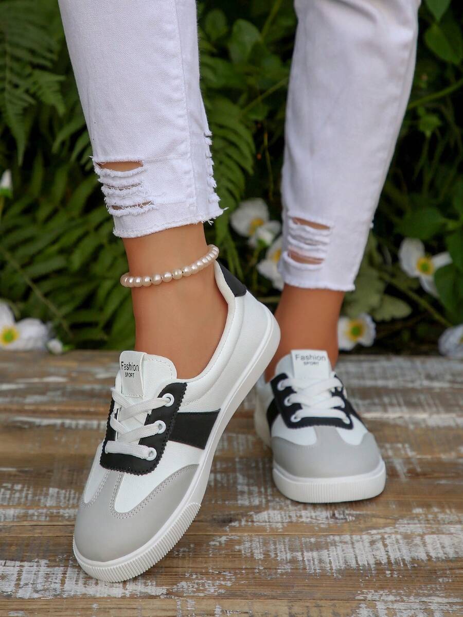Giày thể thao nữ màu trắng cỡ lớn, giày bệt buộc dây thời trang, đa năng cho trường học, thể thao - màu đen - Xem 1