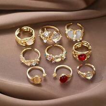 Set de 9-12 anillos abiertos asimétricos con gemas de estrella de colores vintage, adecuados para uso diario y fiestas - amarillo dorado - Ver 8