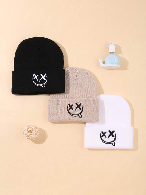 3-Top Embroidery Expression Knitted Hat For Boy And Girl, Children, Suitable For Daily Casual Wear, Autumn And Winter Style, Boy's Knitted Hat Girl's Knitted Hat.