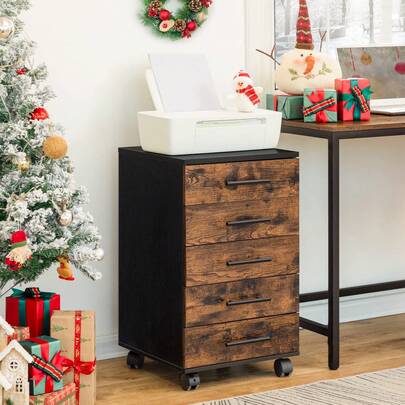 HOOBRO Mobiletto portadocumenti, mobile contenitore con 5 cassetti, mobiletto per ufficio in legno, cassettiera portaoggetti, stile industriale, facile da montare, rustico, marrone scuro e nero