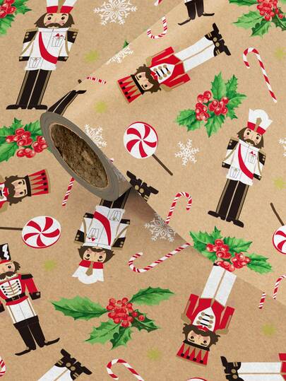 1 卷 + 43 厘米 * 500 厘米（17 英寸 * 16.4 英尺）+圣诞礼品包装纸 + 牛皮纸胡桃夹子 + 适用于圣诞礼物、节日装饰、派对布置、手工艺品和其他礼品包装