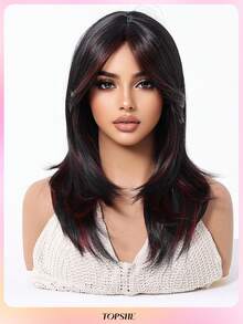 Confident And Generous 18-Inch Red Highlight Black Medium To Long Hair With Bangs,Heat-Resistant Synthetic Wigs For Women,Suitable For Work, Daily Life, And Gatherings - Red Highlight - View 3