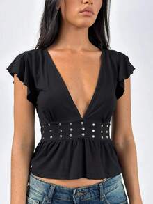 Women's Y2k Studded Tank Tops Solid Color Flying Sleeve Deep V Neck Ruffle Hem Slim Fit Vest Crop Tops Summer Cute Going Out Tops Shirts Party Club Streetwear - màu đen - Xem 4