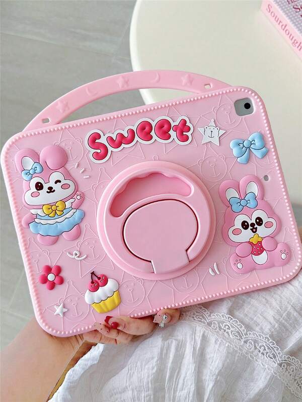 حافظة واقية من السيليكون بتصميم أرنب وردي قابلة للدوران 360 درجة مقاومة للصدمات