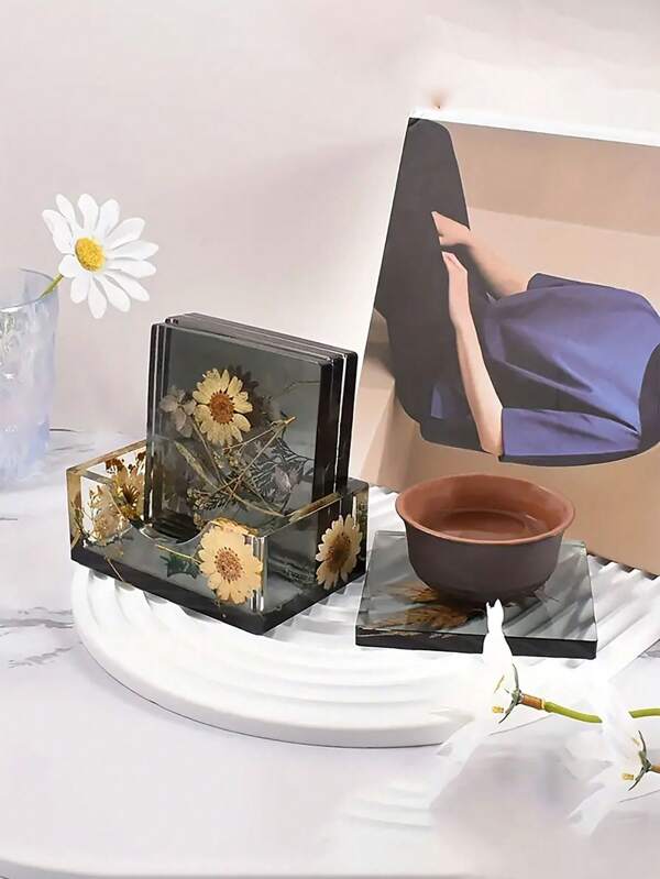 Three Dimensional Household Practical Coaster Silicone Mold, Including 1pc Square Storage Box Mold+4pcs Square Coaster Mold, Suitable For Handmade Art Production, Household Practical Product Production, With High Temperature Resistance And Reusable Characteristics