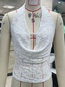 Women's Halter Neck Lace Tops Sleeveless Open Back Draped Front Slim Fit Cami Tops Summer Shirts - Dark Green - View 4