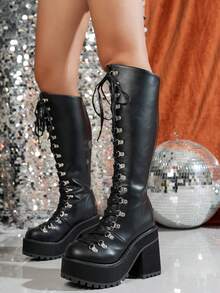 Damskie buty do kolan w stylu punkowym na grubym obcasie i platformie, jesień/zima 2025, czarne, lekkie, antypoślizgowe, wysokiej jakości buty robocze do pracy na świeżym powietrzu, buty dla studentek na Halloween, zajęcia na świeżym powietrzu muszą być smukłe i uniwersalne. - Czarne - Zobacz 17