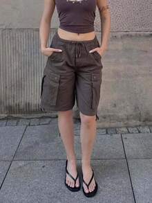 Cargo Shorts For Women Elastic Waist Knee Length  Shorts Summer Outdoor Waterproof Hiking Pants With Pockets - 棕色 - 查看 1