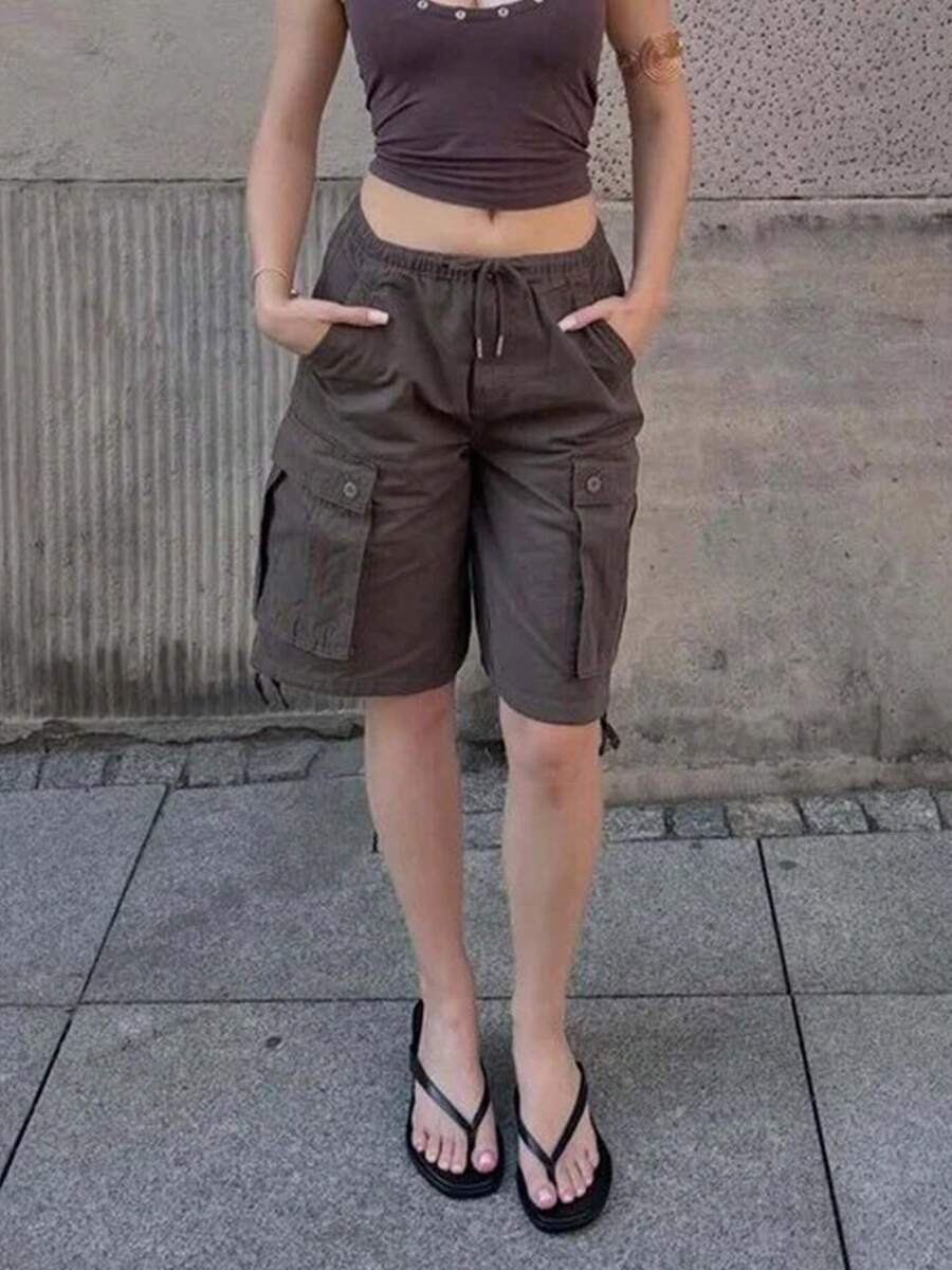 Cargo Shorts For Women Elastic Waist Knee Length  Shorts Summer Outdoor Waterproof Hiking Pants With Pockets - 棕色 - 查看 1
