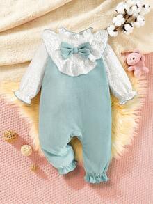 Baby Girls' Cute Ruffle Collar Flounce Bow Puff Sleeve Ruffle Hem Zipper Front Jumpsuit, Suitable For Everyday Outings In Spring And Autumn - Mint Green - View 4