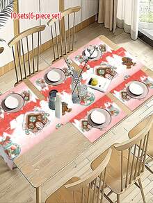 1/5/7/60pcs Pink Series Christmas Placemat/Table Runner Set, Gingerbread Man, Wish Bottle, House Pattern Table Runner, Winter Kitchen Table Decoration, Suitable For Family Gatherings, Holiday Gatherings, Kitchen Dining Rooms, Table Decoration.