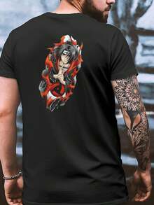 Itachi Anime Manga Style Tee , Men's Double-Sided Printed Fashionable Casual Crew Neck 220gsm Pure Cotton T-Shirt(1 PC) - 黑色 - 查看 1