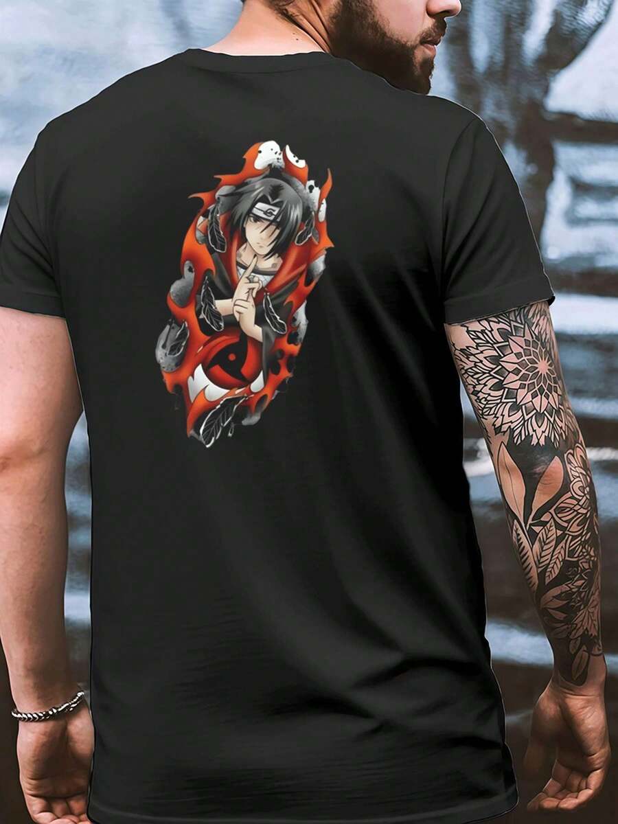 Itachi Anime Manga Style Tee , Men's Double-Sided Printed Fashionable Casual Crew Neck 220gsm Pure Cotton T-Shirt(1 PC) - 黑色 - 查看 1
