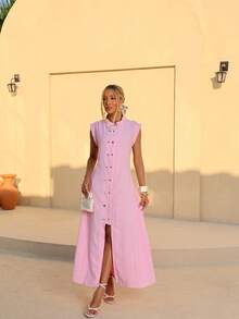 Long Sleeveless Dress With Buttons – Classic And Timeless Style - 淺粉色 - 查看 6