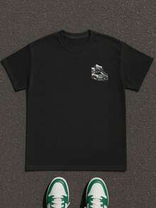 Mountain Car Skyline Graphic Tee , Men's Double-Sided Printed Fashionable Casual Crew Neck 220gsm Pure Cotton T-Shirt(1 PC) - 黑色 - 查看 2