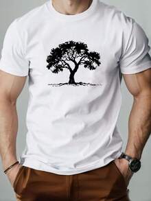 Camiseta de Verano Casual para Hombre de Cuello Redondo y Manga Corta con Patrón de Árbol - Blanco - Ver 1