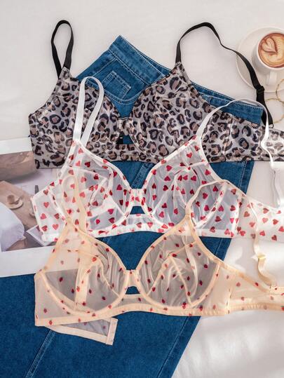 3 piezas Sujetadores con aros para mujer de talla grande, de unicolor, con estampado de corazón, fresa y leopardo, cómodos y con efecto de elevación