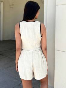 EMERY ROSE Women's Linen Contrast Color Trim Vest & Shorts Suit Set Old Money Style Set Two Pieces Commuter Suit Two Pieces Spring And Summer Suit Two Pieces Set - Apricot - View 6