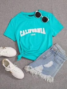 Playera camiseta básica mujer dama cuello redondo manga corta estampado GRAFICO DE CIUDADES NOMBRES DE CIUDAD LETTER CITY CALIFORNIA GRAPHIC parte superior elástica de poliéster primavera/verano uso diario | material no transparente | Textura Suave Fortiz - Azul menta - Ver 1