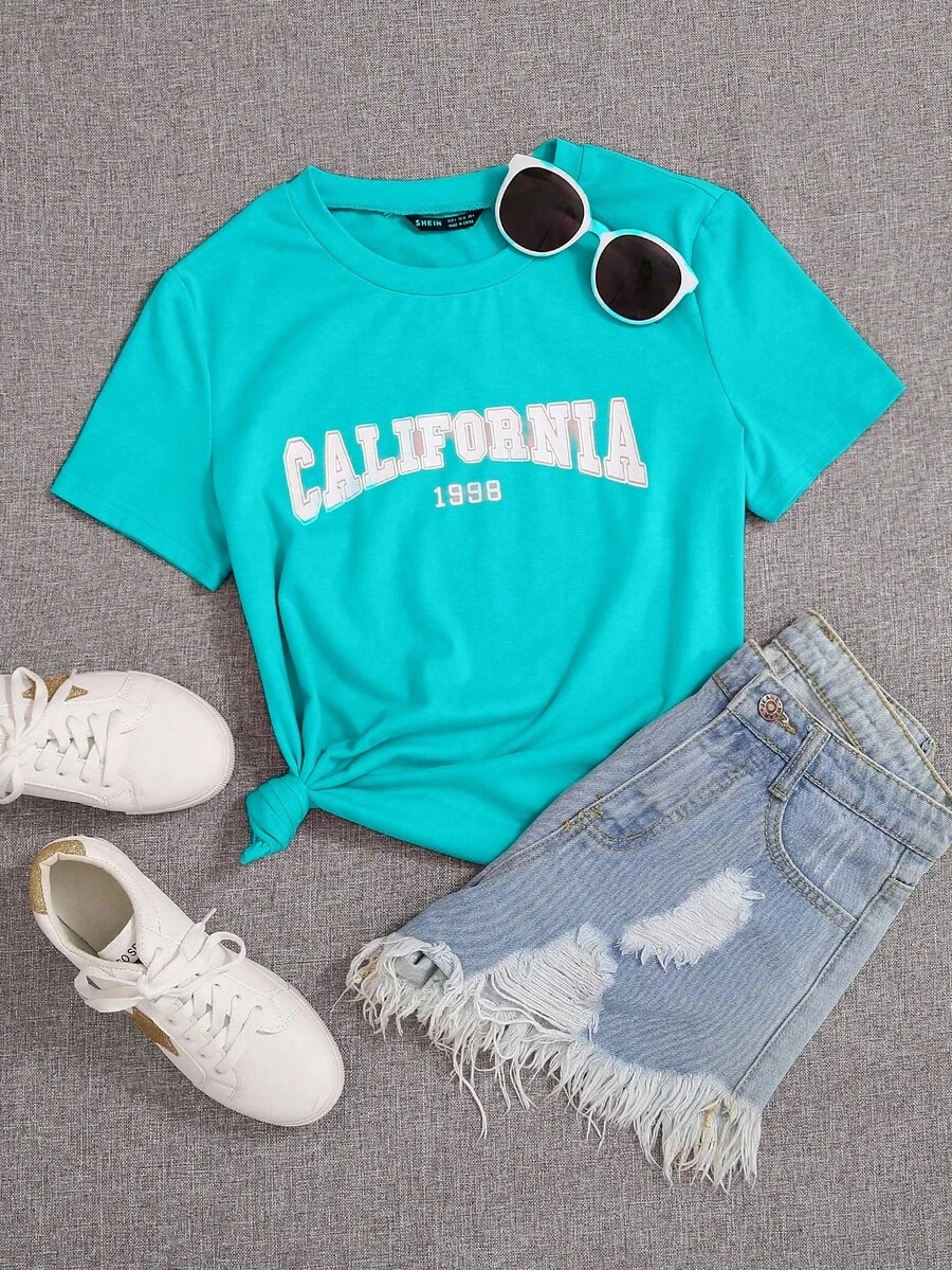 Playera camiseta básica mujer dama cuello redondo manga corta estampado GRAFICO DE CIUDADES NOMBRES DE CIUDAD LETTER CITY CALIFORNIA GRAPHIC parte superior elástica de poliéster primavera/verano uso diario | material no transparente | Textura Suave Fortiz - Azul menta - Ver 1