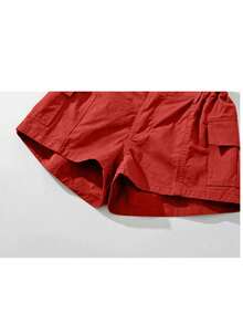 Quần short cargo cạp chun, túi nắp bên hông kiểu Y3K, màu trơn, thích hợp mặc hàng ngày, phong cách lễ hội âm nhạc Y2K. - Đỏ - Xem 2