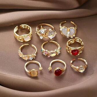 9-12pcs Vintage Colorful Gemstone Star Asymmetrical Open Ring Set, Suitable For Daily Wear And Parties
