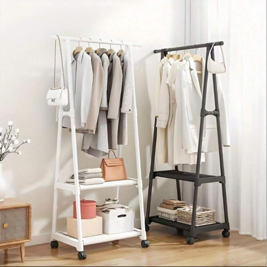 Multifunctional Clothes Rack With Triangle Frame And Wheels, Portable Coat Hanger For Bedroom Living Room Closet Organization,Black Metal - Black - View 1