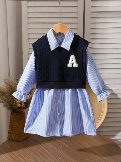 2pcs/Set Girls' Striped Shirt Dress & Letter Knit Vest Student Uniform, Classic & Versatile, Cute & Playful, Suitable For School, Casual Daily Wear, Back To School Gift