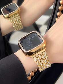 1pc Compatible With Apple WatchBand Women Apple WatchStrap 38mm 40mm 41mm 42mm 44mm 45mm 46mm 49mm,Ladies' Gold Jewelry Shiny Diamonds And Rhinestones To Replace The Metal Strap Is Compatible With Apple Watch Ultra 2/Ultra Series11/10/9/8/7/6/5/4/3/2/1/SE, Compatible With AppleWatch Accessories.Smart Watch Band - Gold - View 4