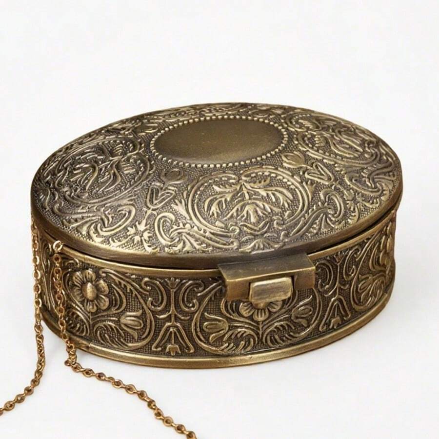 Zazumi Antique Bronze Floral Oval Jewelry Box: Vintage Decor, Carved Craftsmanship, Elegant Storage For Earrings & Rings, Great Gift Choice - Bronze - View 1