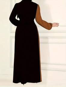 Women's Modern Fashionable Color Block Arabic Robe, High-Waist Rhinestone Embellished Robe, Dignified And Elegant Spring Black - Black - View 3