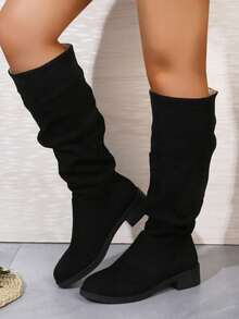 Women's Comfortable Suede Black Pointed Toe Chunky Heel Knee-High Boots, New Autumn/Winter Fashion Pleated Boots With Thickened Soles,Party - Black - View 4