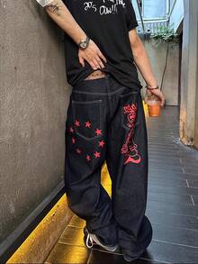 男士高街时尚印花阔腿牛仔裤 - 深色水洗藍 - 查看 3