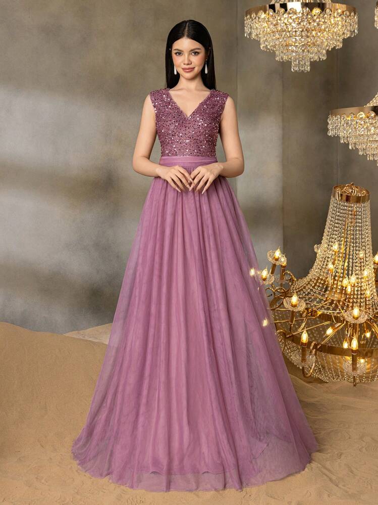 Vestido de graduación con escote en V brillante y falda de tul para adolescentes de Alisa&Leo - Vestido formal para bailes de graduación, eventos escolares y galas para adolescentes - Púrpura malva - Añade 3