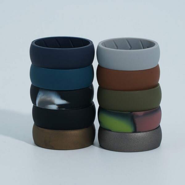 10 Packs Silicone Rubber Wedding Rings For Men, Inner Arc Ergonomic Breathable Design, Silicone Rings Men With Half Sizes Multi Packs, Multi Colors