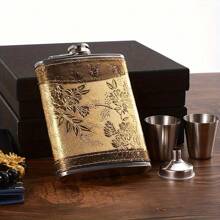 1 Set Stainless Steel Gold Floral Pattern Liquor Flask Set, Portable Alcohol Bottle, Fashionable Unisex Wine Bottle, Elegant Texture, Stainless Steel Soft Leather Packaging Flask, Suitable For Whiskey, Rum And Vodka, Great Gift For Men And Women