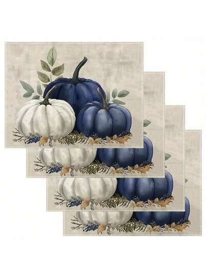 1/4/6/8pcs Autumn Placemats - Buffalo Plaid Pumpkin & Eucalyptus Leaves Design, Durable Linen Rectangular Placemats For Fall Thanksgiving Halloween Party Decor, Kitchen Dining Table Setting