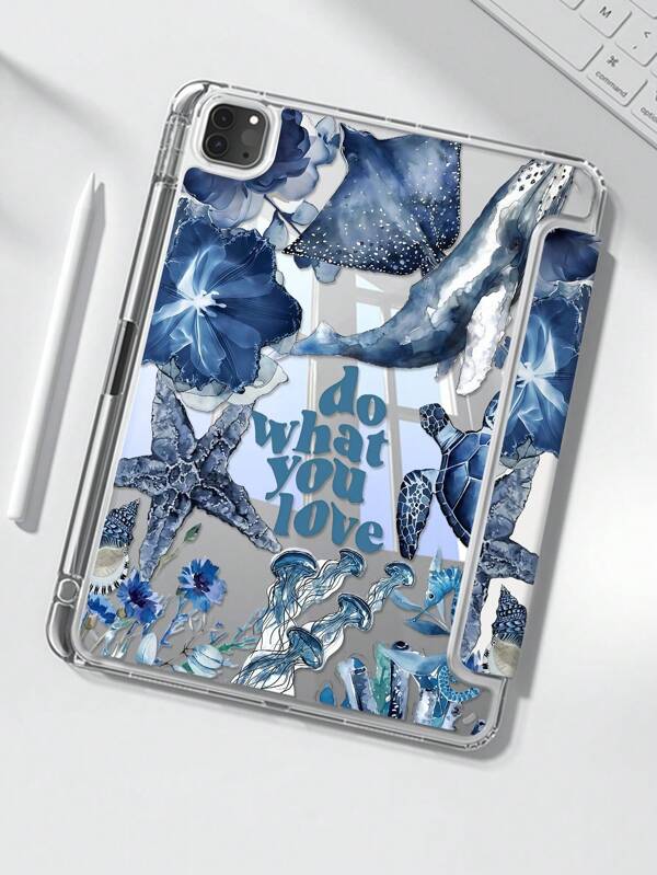 The Beautiful And Cute Cartoon Marine Animals, Whales, Sharks, Starfish, Turtles, Jellyfish, Letters, Flowers, Double-Sided Painted Acrylic Transparent Crystal Back Cover Is Shockproof And Suitable For IPad 7th Generation, 8th Generation (10.2 Inches), And 10th Generation. It Has A Built-In Pen Slot And Supports Sleep And Wake-Up Functions/Multiple Folding Stand Methods. These Are Festival Gifts And New Year Gifts