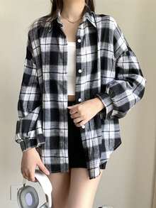 Autumn American Retro Black & White Plaid Shirt, Loose Mid-Length Korean Version Brushed Jacket For Women