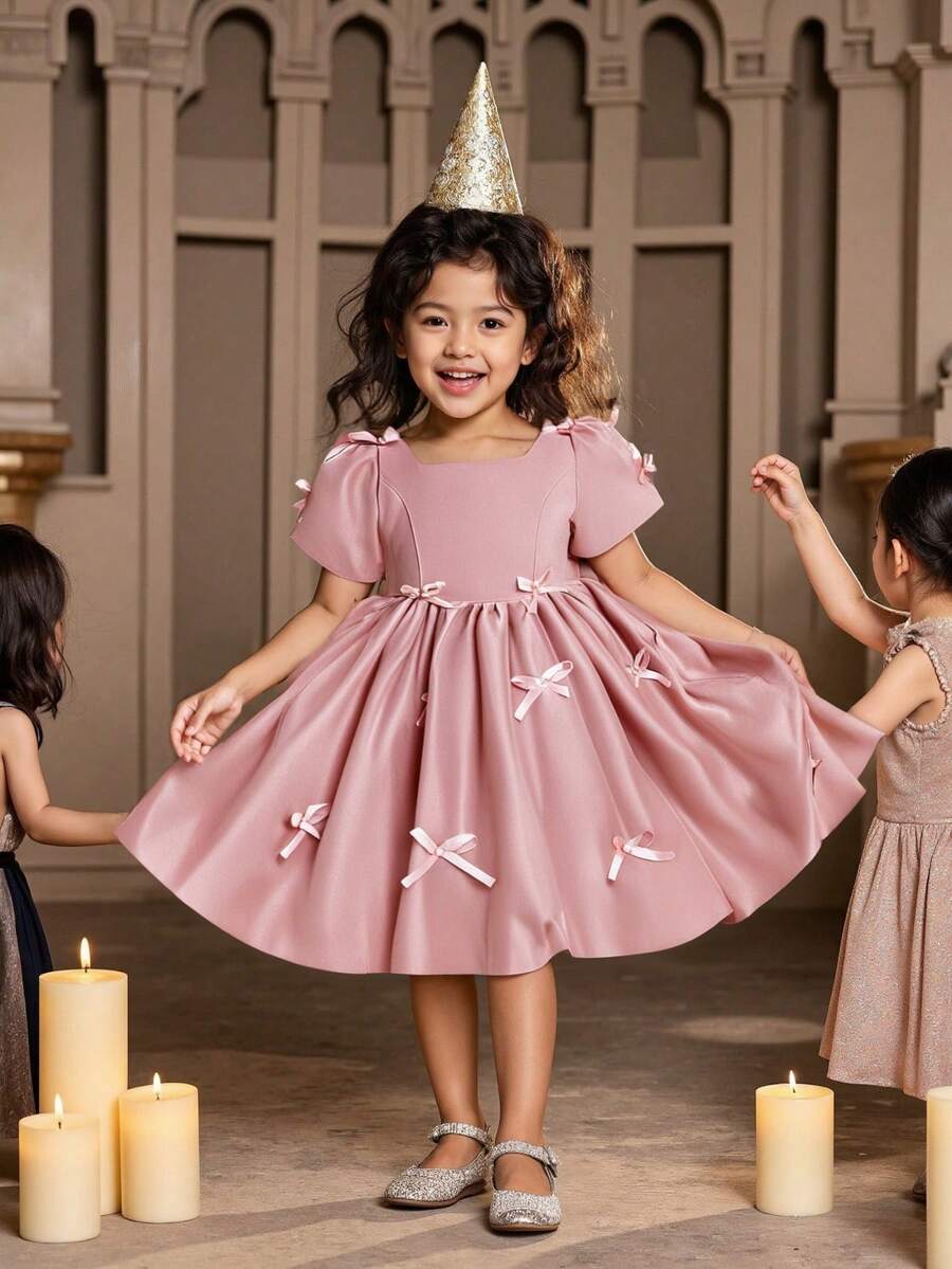 Girls' Satin Bow Decor Dress, Elegant Flower Girl Dress For Wedding, Pageant, Performance
