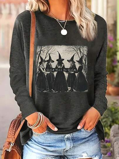 Camiseta de manga larga con cuello redondo de talla grande para mujer, camiseta con estampado de bruja de hoguera, camiseta "Girl Will Be Girl", ropa para fiesta de Halloween, camisetas gráficas para mujer, adecuada para otoño e invierno