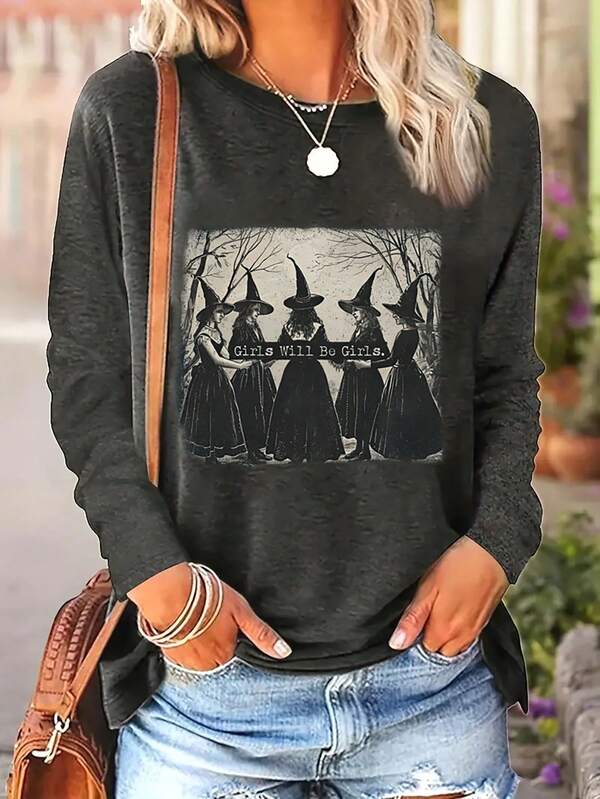 Camiseta de manga larga con cuello redondo de talla grande para mujer, camiseta con estampado de bruja de hoguera, camiseta "Girl Will Be Girl", ropa para fiesta de Halloween, camisetas gráficas para mujer, adecuada para otoño e invierno