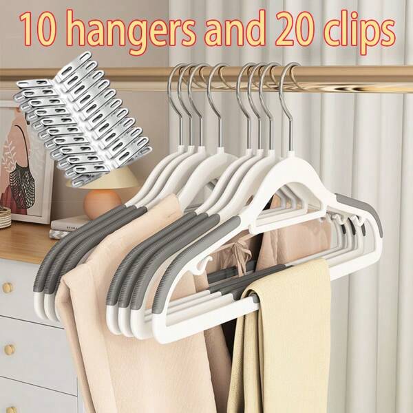 Juego de 30 piezas - Incluye 10 perchas de plástico antideslizantes + 20 pinzas de acero inoxidable, resistentes y duraderas, con perchas giratorias, adecuadas para secar, almacenar y organizar ropa del hogar en primavera y verano, y aplicables a dormitorios, baños y familias.